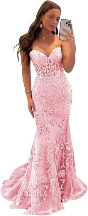 Tulle Lace Appliques Prom Dress 2025 Long Mermaid Strapless Ball Gown Evening Dresses for Women