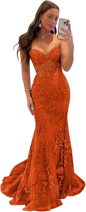 Tulle Lace Appliques Prom Dress 2025 Long Mermaid Strapless Ball Gown Evening Dresses for Women