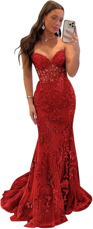 Tulle Lace Appliques Prom Dress 2025 Long Mermaid Strapless Ball Gown Evening Dresses for Women