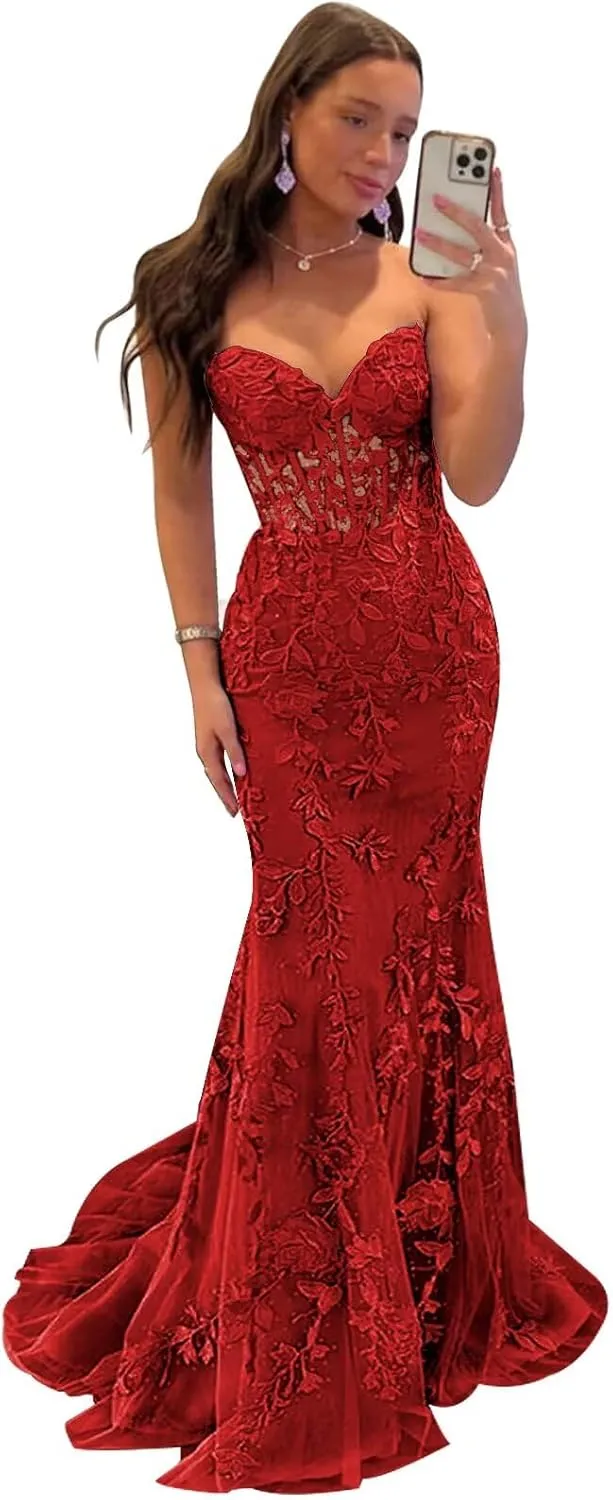 Tulle Lace Appliques Prom Dress 2025 Long Mermaid Strapless Ball Gown Evening Dresses for Women