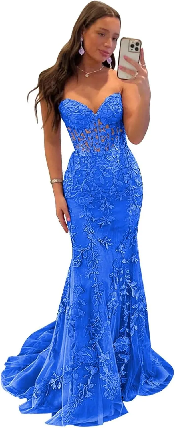 Tulle Lace Appliques Prom Dress 2025 Long Mermaid Strapless Ball Gown Evening Dresses for Women