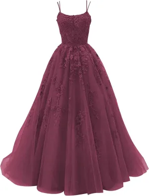 Tulle Lace Appliques Prom Dresses Long Ball Gown for Women Spaghetti Straps Corset Backless Evening Dress