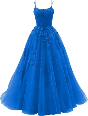 Tulle Lace Appliques Prom Dresses Long Ball Gown for Women Spaghetti Straps Corset Backless Evening Dress