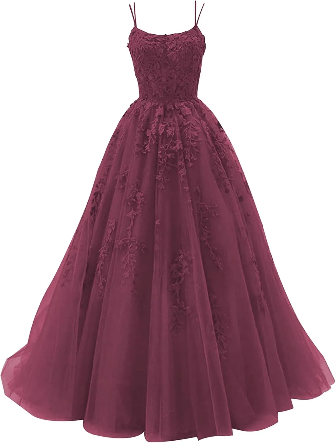 Tulle Lace Appliques Prom Dresses Long Ball Gown for Women Spaghetti Straps Corset Backless Evening Dress