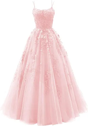 Tulle Lace Appliques Prom Dresses Long Ball Gown for Women Spaghetti Straps Corset Backless Evening Dress