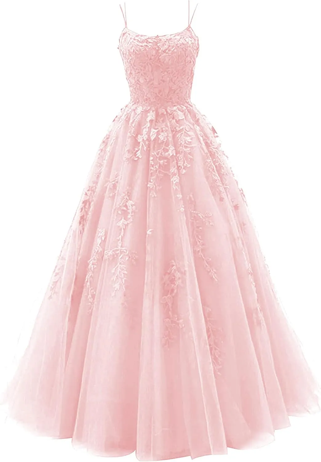 Tulle Lace Appliques Prom Dresses Long Ball Gown for Women Spaghetti Straps Corset Backless Evening Dress