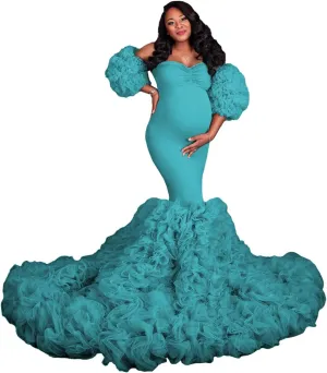 Tulle Maternity Dress for Women Piping Ruffle Baby Shower Dress Mermaid Long Pregnancy Gown for Photoshoot ZX98