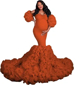 Tulle Maternity Dress for Women Piping Ruffle Baby Shower Dress Mermaid Long Pregnancy Gown for Photoshoot ZX98