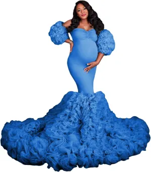 Tulle Maternity Dress for Women Piping Ruffle Baby Shower Dress Mermaid Long Pregnancy Gown for Photoshoot ZX98