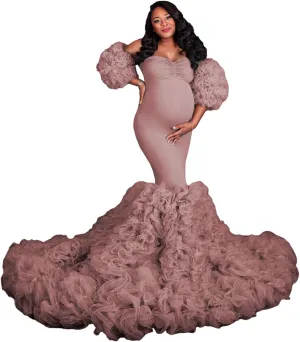 Tulle Maternity Dress for Women Piping Ruffle Baby Shower Dress Mermaid Long Pregnancy Gown for Photoshoot ZX98