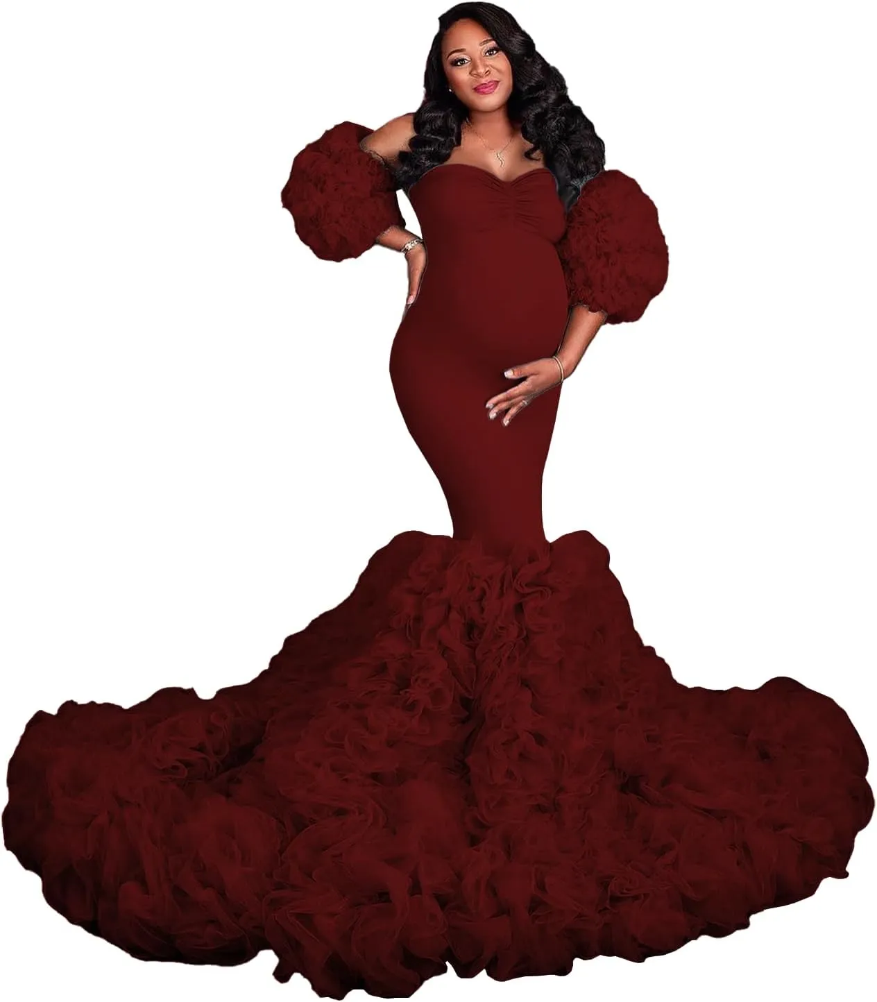 Tulle Maternity Dress for Women Piping Ruffle Baby Shower Dress Mermaid Long Pregnancy Gown for Photoshoot ZX98