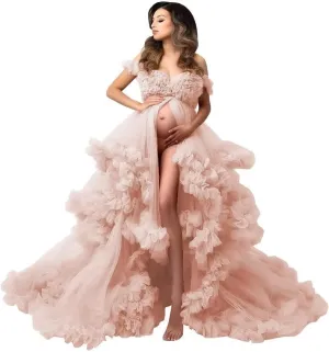 Tulle Maternity Maxi Dress for Photoshoot Puffy Ruffles Baby Shower Dress Long Pregnancy Photography Gowns for Women
