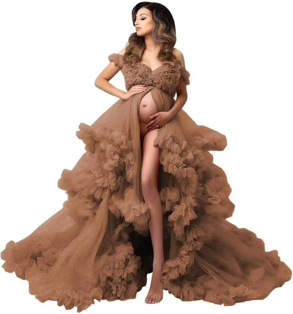 Tulle Maternity Maxi Dress for Photoshoot Puffy Ruffles Baby Shower Dress Long Pregnancy Photography Gowns for Women