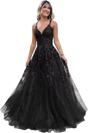 Tulle Prom Dresses Lace Appliques Sparkly A Line with Slit V Neck Formal Party Dress