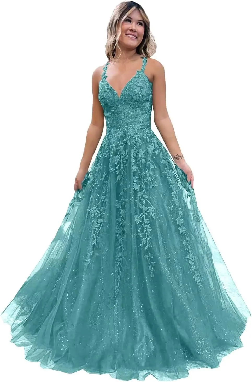 Tulle Prom Dresses Lace Appliques Sparkly A Line with Slit V Neck Formal Party Dress