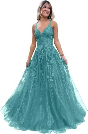 Tulle Prom Dresses Lace Appliques Sparkly A Line with Slit V Neck Formal Party Dress