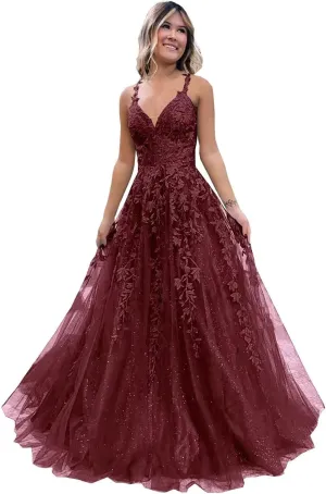 Tulle Prom Dresses Lace Appliques Sparkly A Line with Slit V Neck Formal Party Dress
