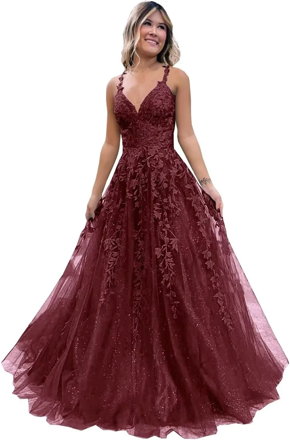 Tulle Prom Dresses Lace Appliques Sparkly A Line with Slit V Neck Formal Party Dress
