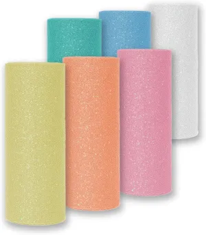 Tulle Ribbon 6 Glitter Pastel Colors Pack, 6" x 12 Yds x 6 Roll (Total 72 Yds) for Wedding Decorations Gift Wrapping DIY Crafts Home Decor Tutu Skirt