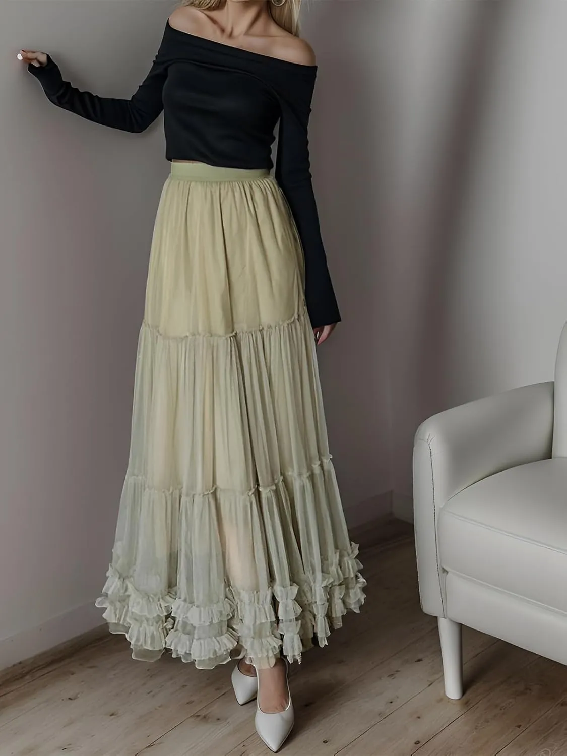 Tulle Skirts for Women Long Length Tutu Fairy Tiered Skirt A Line Mesh Elastic Waist Skirts