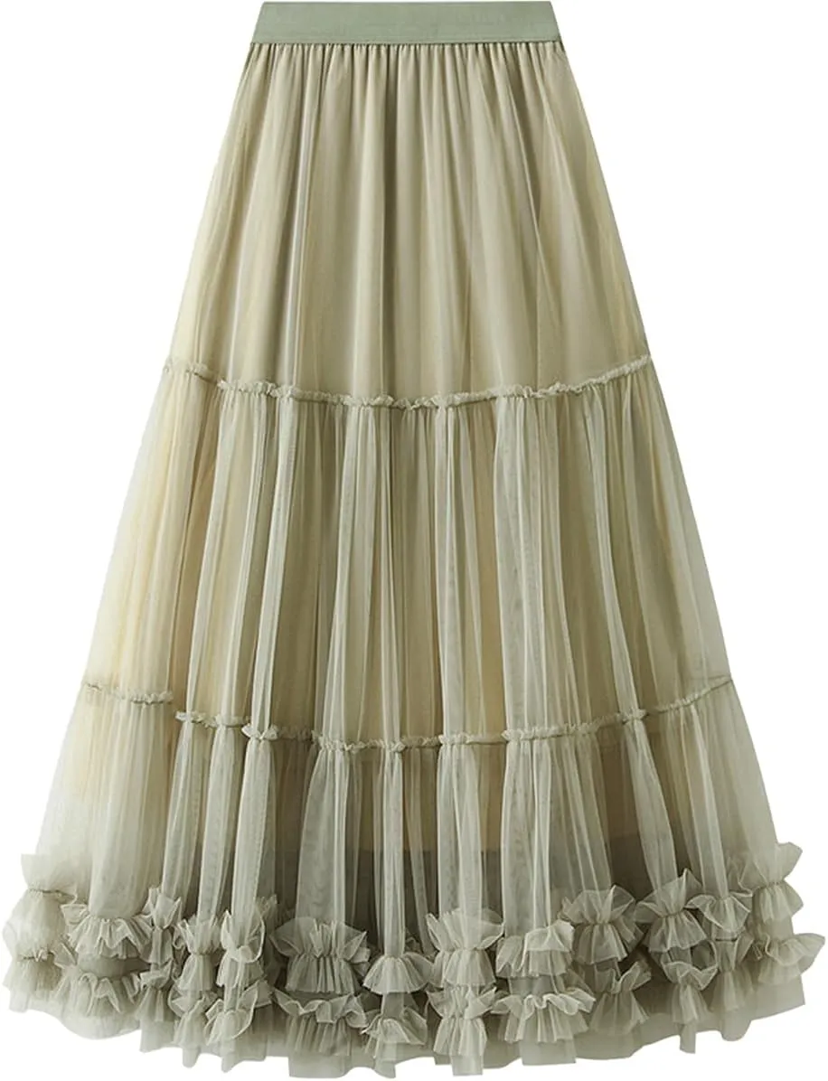 Tulle Skirts for Women Long Length Tutu Fairy Tiered Skirt A Line Mesh Elastic Waist Skirts