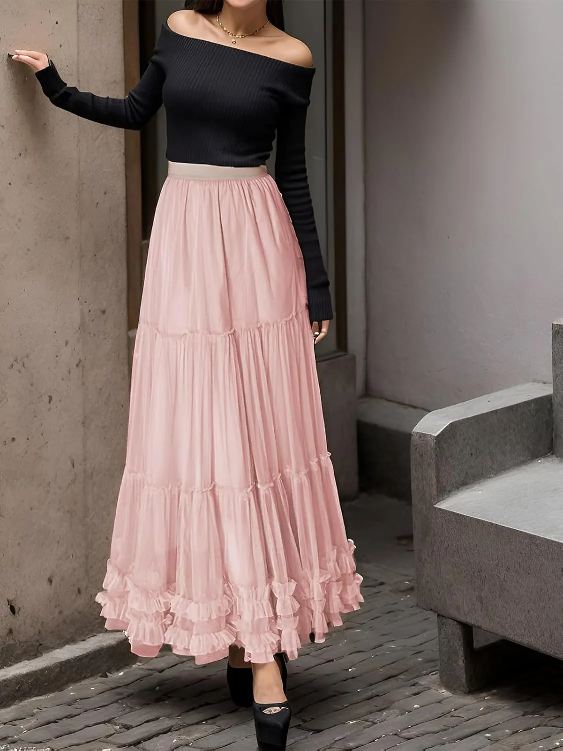 Tulle Skirts for Women Long Length Tutu Fairy Tiered Skirt A Line Mesh Elastic Waist Skirts