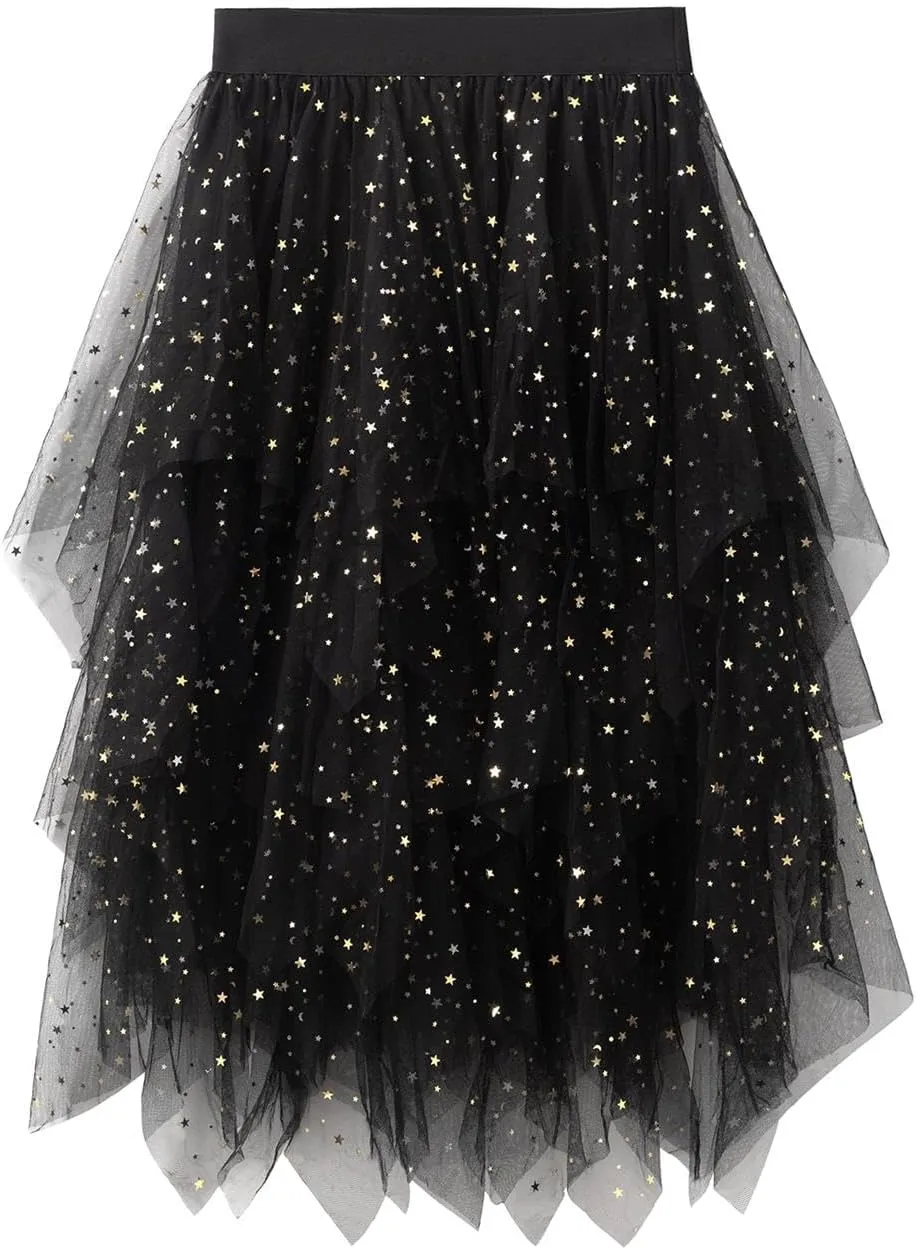 Tulle Skirts for Women Midi Long Fairy Skirt Tutu A-Line Mesh Layered High Elastic Waist Halloween Skirts