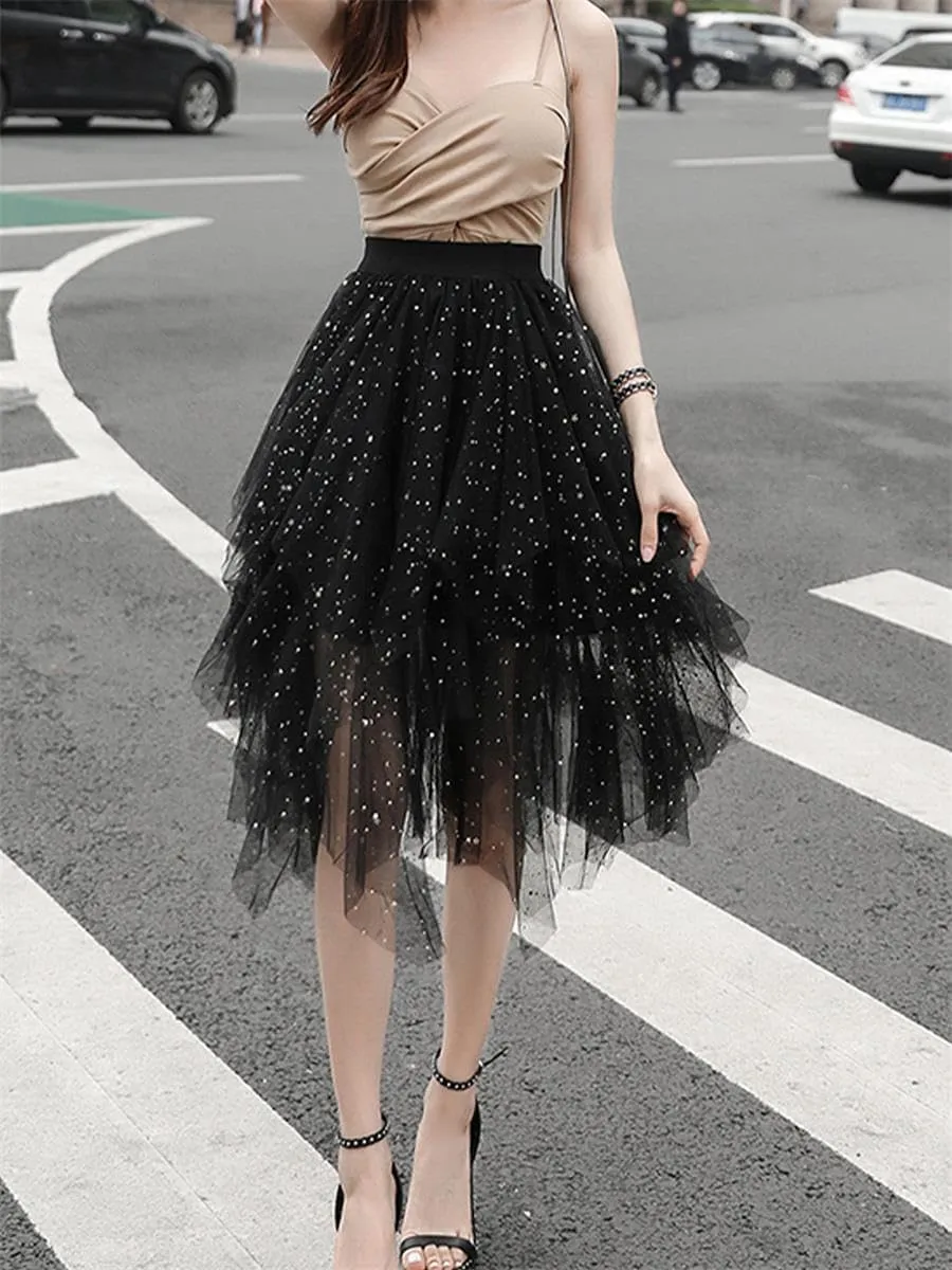 Tulle Skirts for Women Midi Long Fairy Skirt Tutu A-Line Mesh Layered High Elastic Waist Halloween Skirts