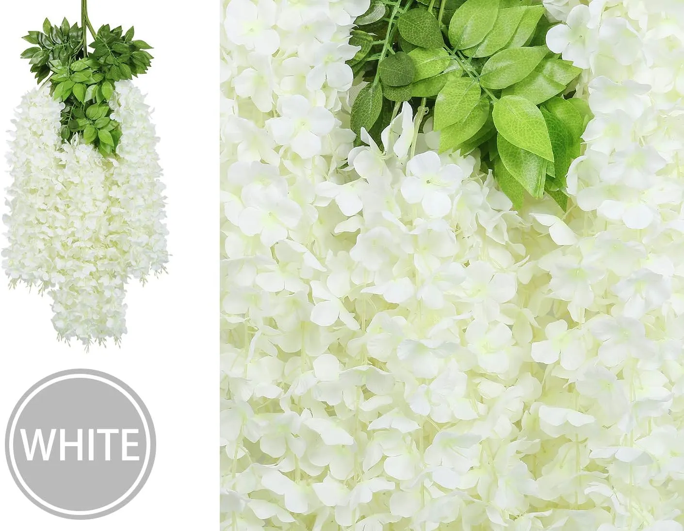 U'Artlines 24 Pack (Total 86.4 Feet) Artificial Fake Wisteria Vine Rattan Hanging Garland Silk Flowers String Home Party Wedding Decor (24, White)