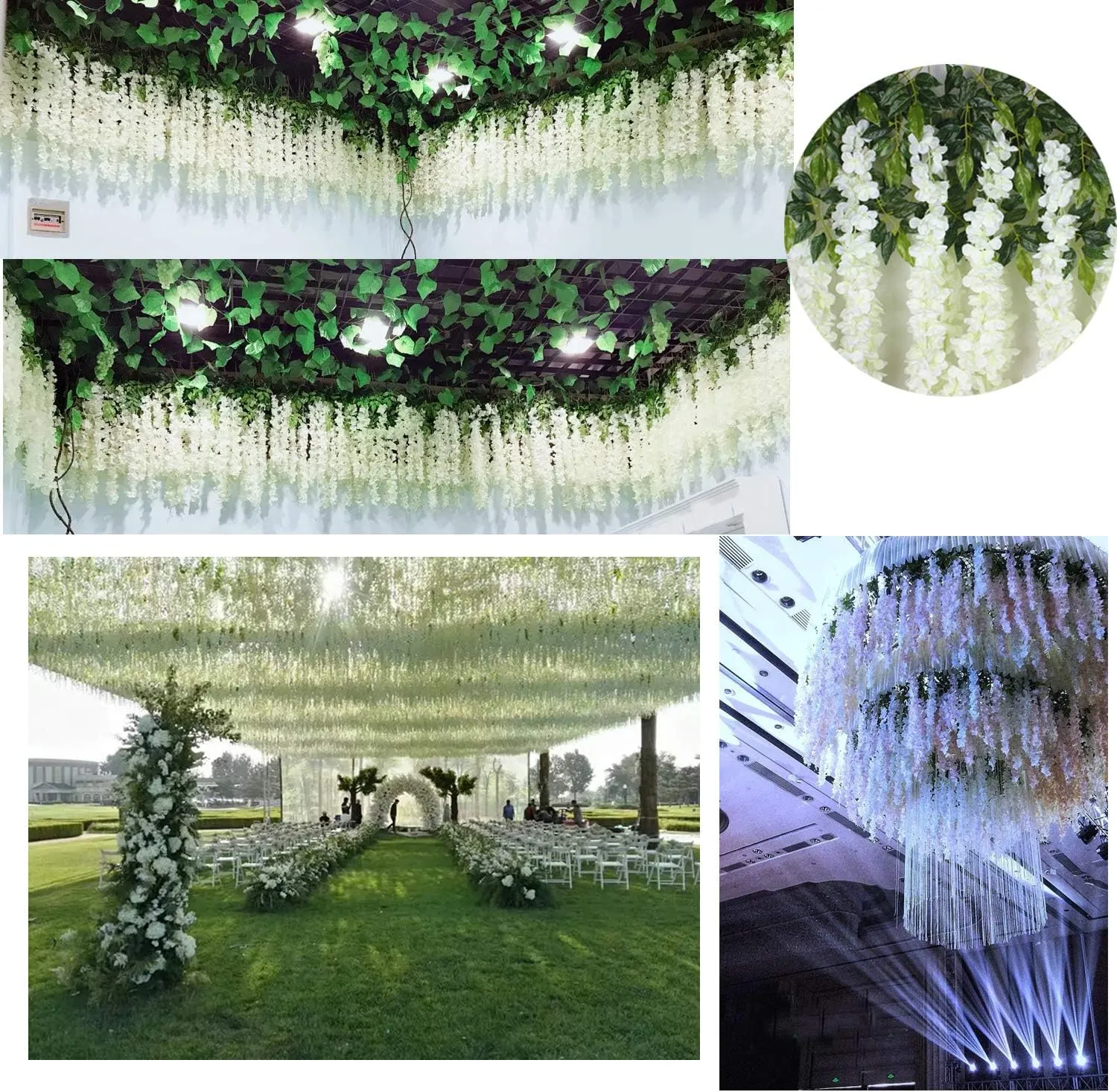 U'Artlines 24 Pack (Total 86.4 Feet) Artificial Fake Wisteria Vine Rattan Hanging Garland Silk Flowers String Home Party Wedding Decor (24, White)
