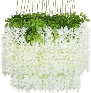 U'Artlines 24 Pack (Total 86.4 Feet) Artificial Fake Wisteria Vine Rattan Hanging Garland Silk Flowers String Home Party Wedding Decor (24, White)