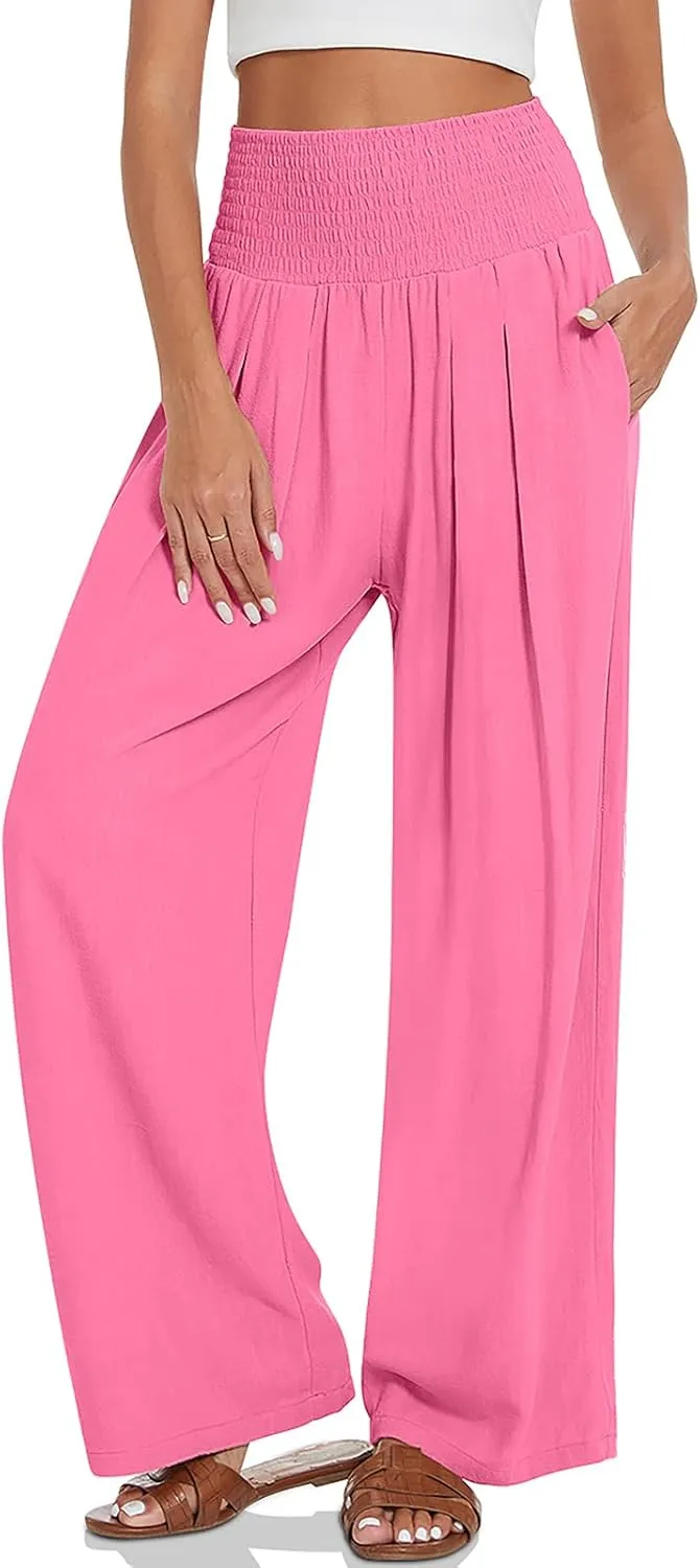 UEU Women's Linen Palazzo Pants Wide Leg High Waisted Lounge Casual Beach Pants with Pockets