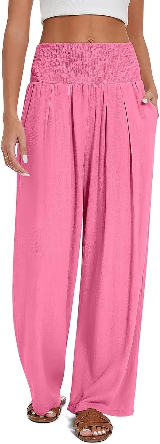 UEU Women's Linen Palazzo Pants Wide Leg High Waisted Lounge Casual Beach Pants with Pockets