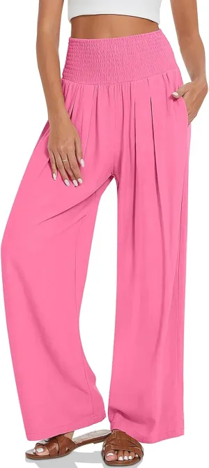 UEU Women's Linen Palazzo Pants Wide Leg High Waisted Lounge Casual Beach Pants with Pockets