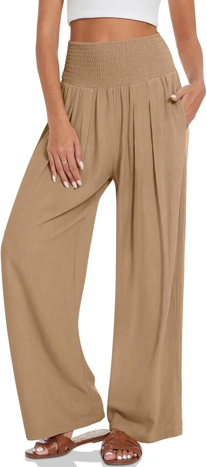 UEU Women's Linen Palazzo Pants Wide Leg High Waisted Lounge Casual Beach Pants with Pockets