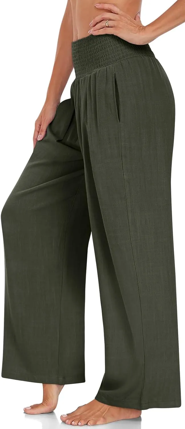 UEU Women's Linen Palazzo Pants Wide Leg High Waisted Lounge Casual Beach Pants with Pockets
