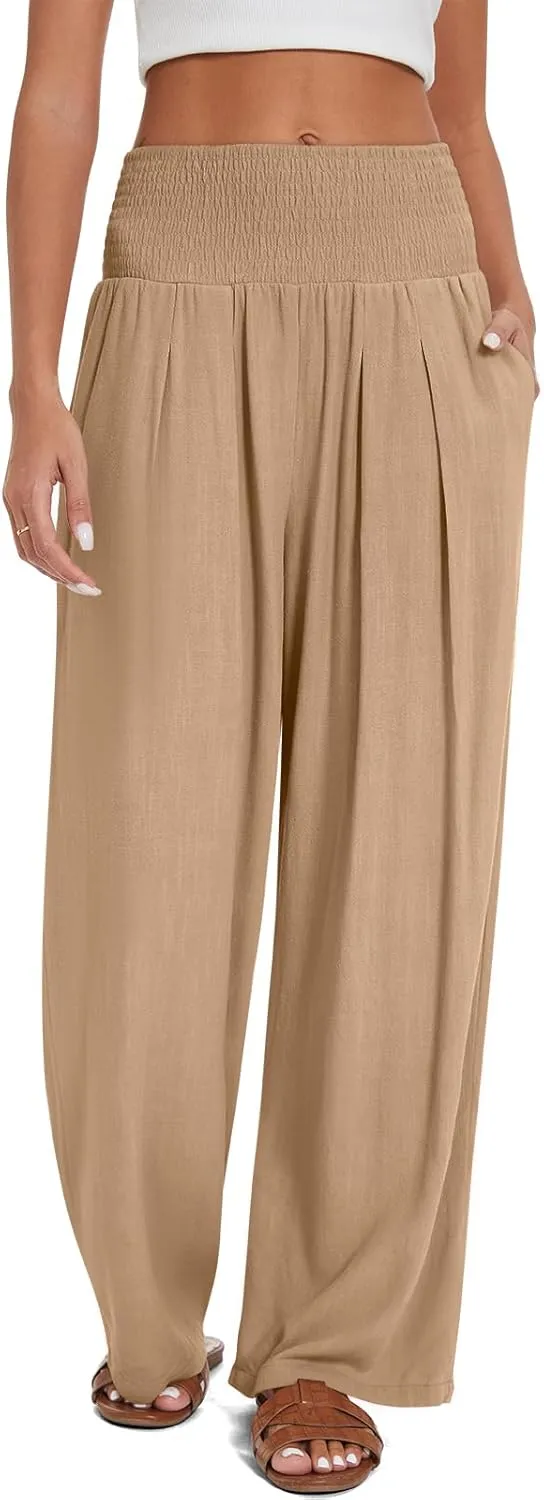 UEU Women's Linen Palazzo Pants Wide Leg High Waisted Lounge Casual Beach Pants with Pockets