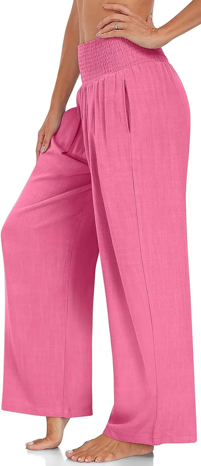 UEU Women's Linen Palazzo Pants Wide Leg High Waisted Lounge Casual Beach Pants with Pockets