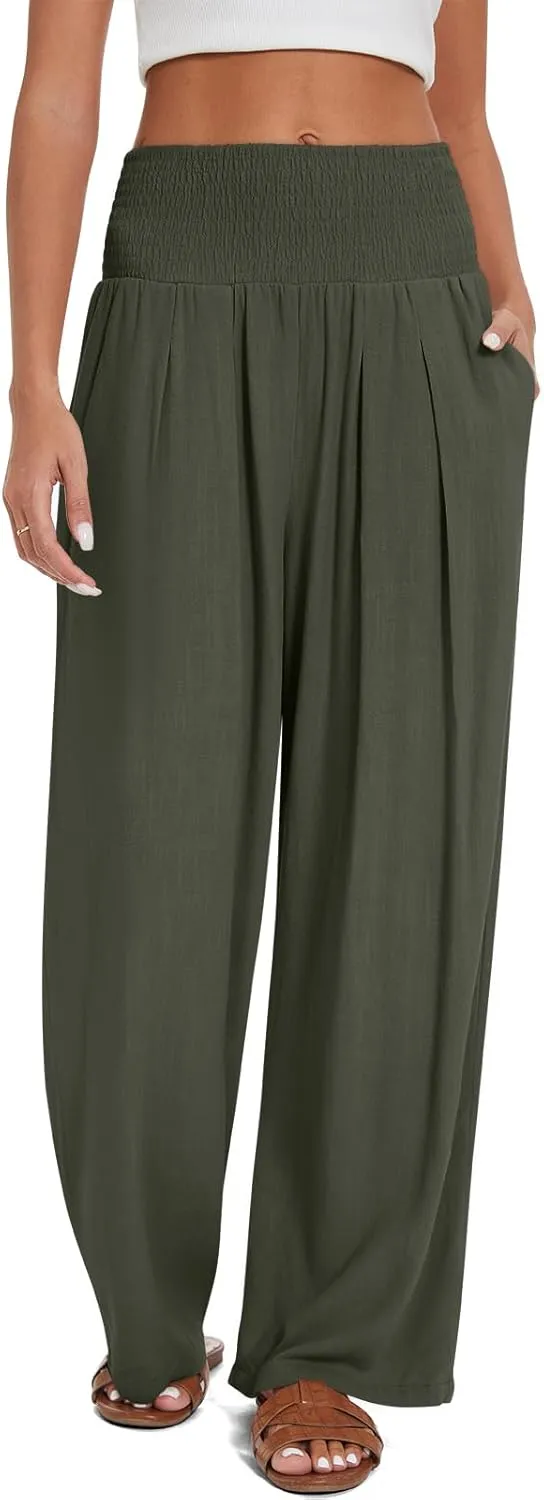 UEU Women's Linen Palazzo Pants Wide Leg High Waisted Lounge Casual Beach Pants with Pockets