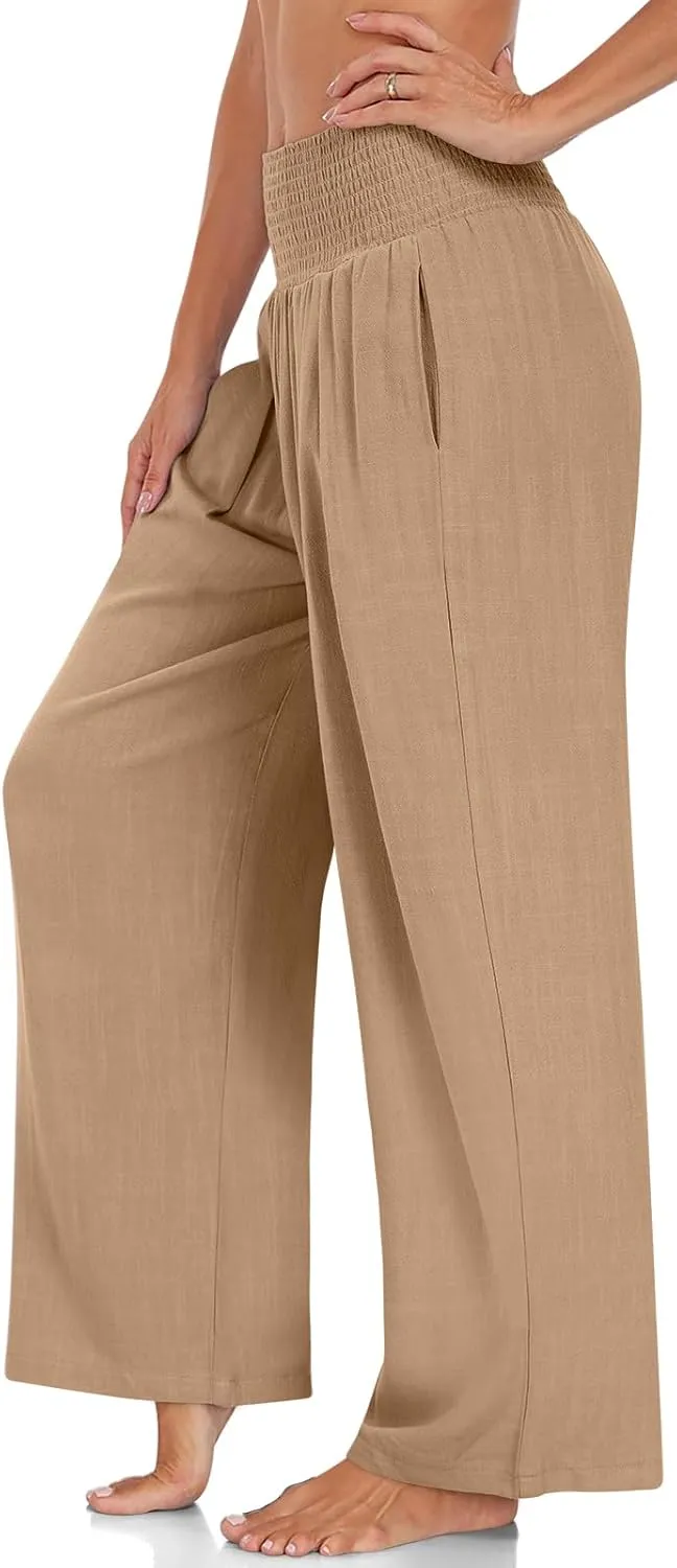 UEU Women's Linen Palazzo Pants Wide Leg High Waisted Lounge Casual Beach Pants with Pockets