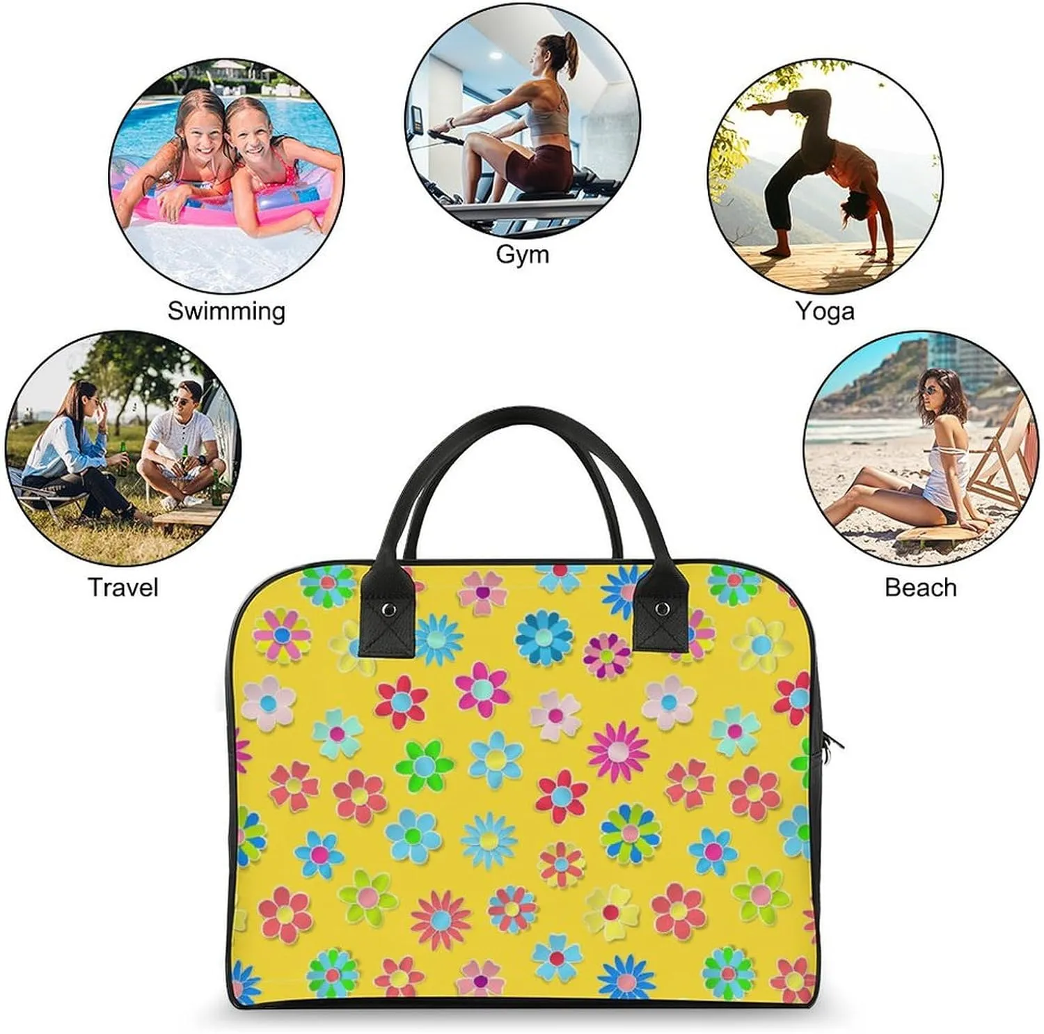 Unisex Shoulder Nylon Floral On Yellow Retro Handbag for Journey 13" X 19" X 8"