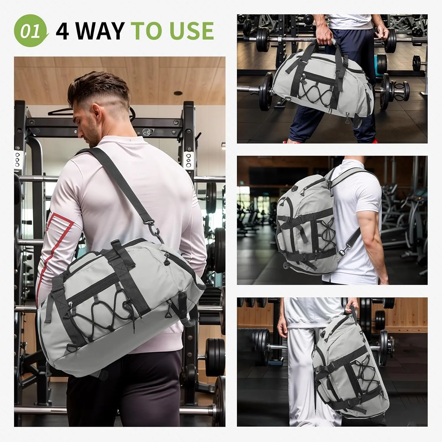 Unisex Travel Duffle Bag for Men Women, Waterproof Gym Bag with Shoe Compartment & Football Compartment, 32L Carry on Bag for Sports & Fitness, Light Gray