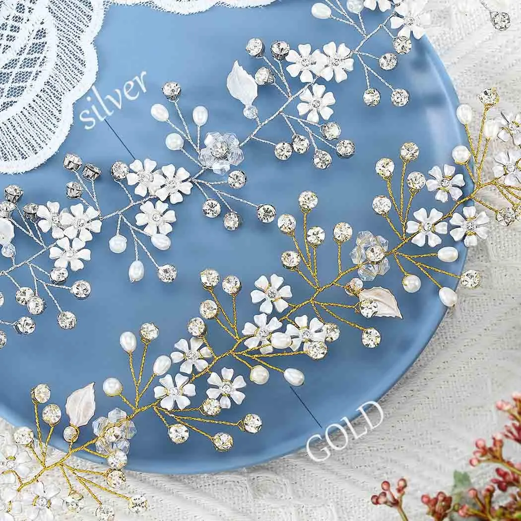Unsutuo Flower Bride Wedding Headbands Crystal Bridal Headpiececs Leaves Hair Vine for Women and Girls (Gold)