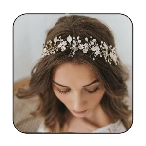 Unsutuo Flower Bride Wedding Headbands Crystal Bridal Headpiececs Leaves Hair Vine for Women and Girls (Gold)
