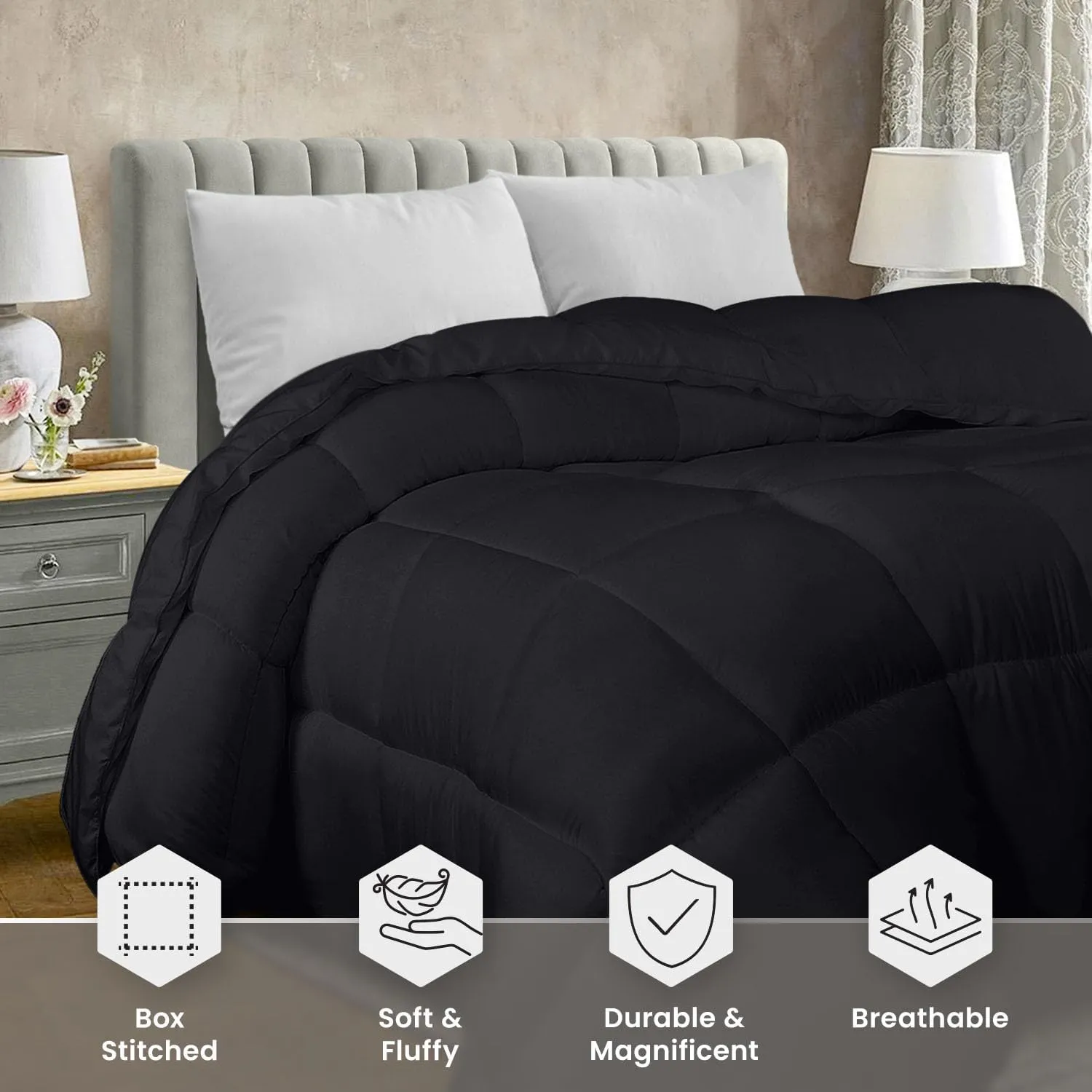 Utopia Bedding Comforter Duvet Insert, Quilted Comforter with Corner Tabs, Box Stitched Down Alternative Comforters Queen Size (Black)