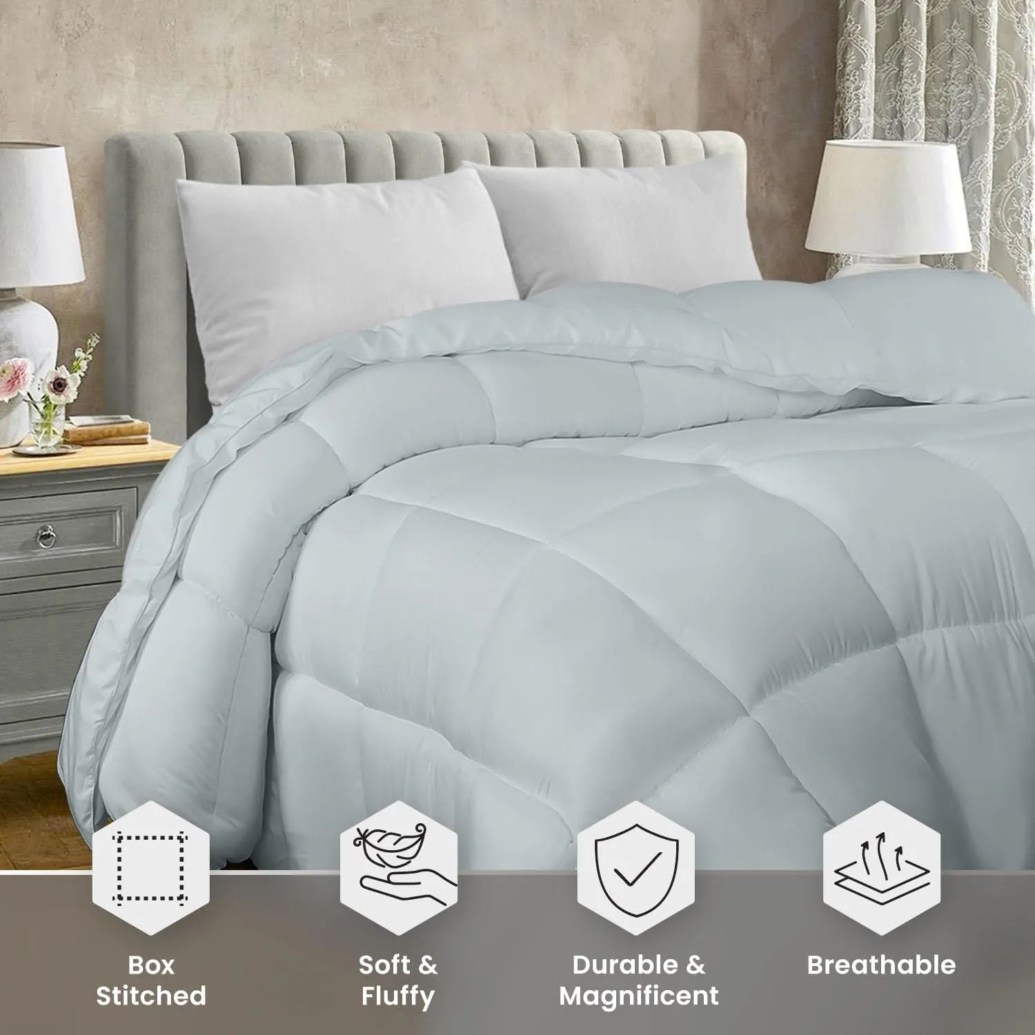Utopia Bedding Comforter Duvet Insert, Quilted Comforter with Corner Tabs, Box Stitched Down Alternative Comforters Queen Size (Light Grey)