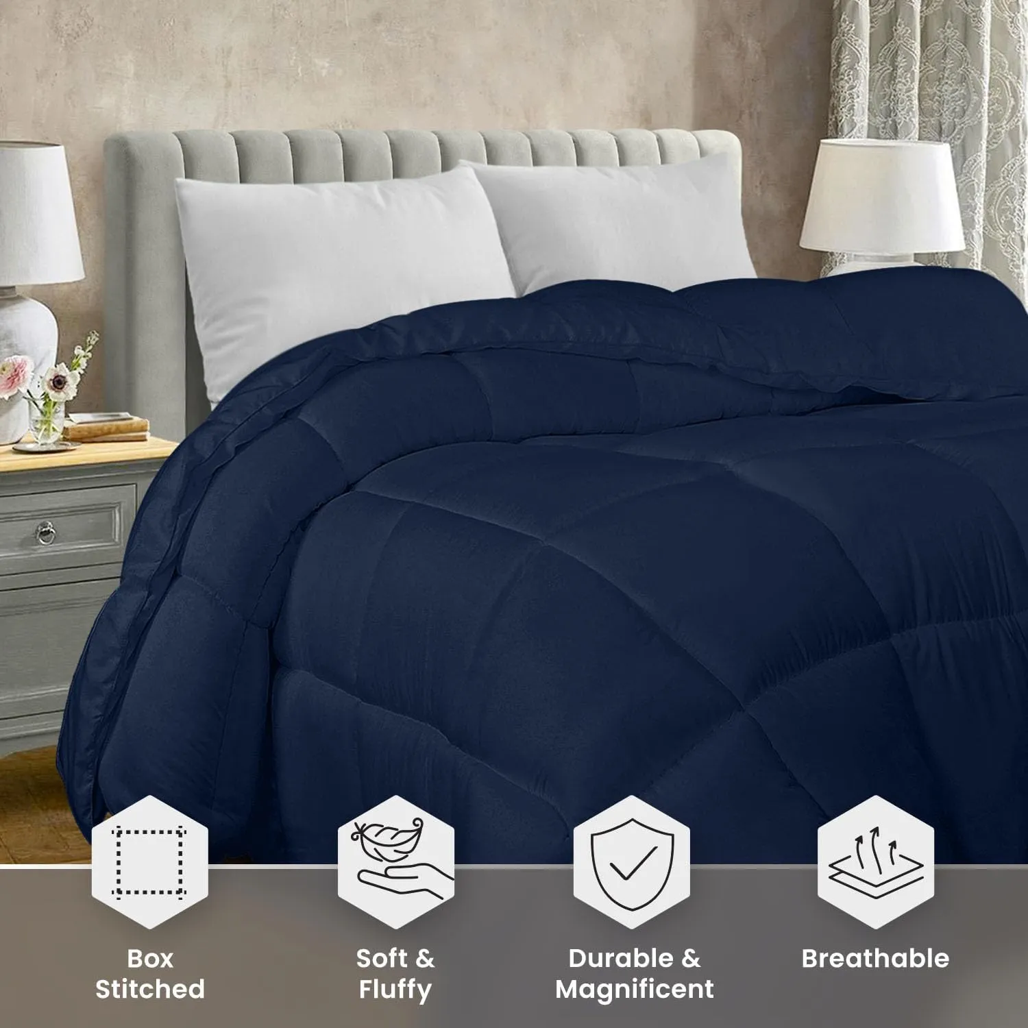 Utopia Bedding Comforter Duvet Insert, Quilted Comforter with Corner Tabs, Box Stitched Down Alternative Comforters Queen Size (Navy)