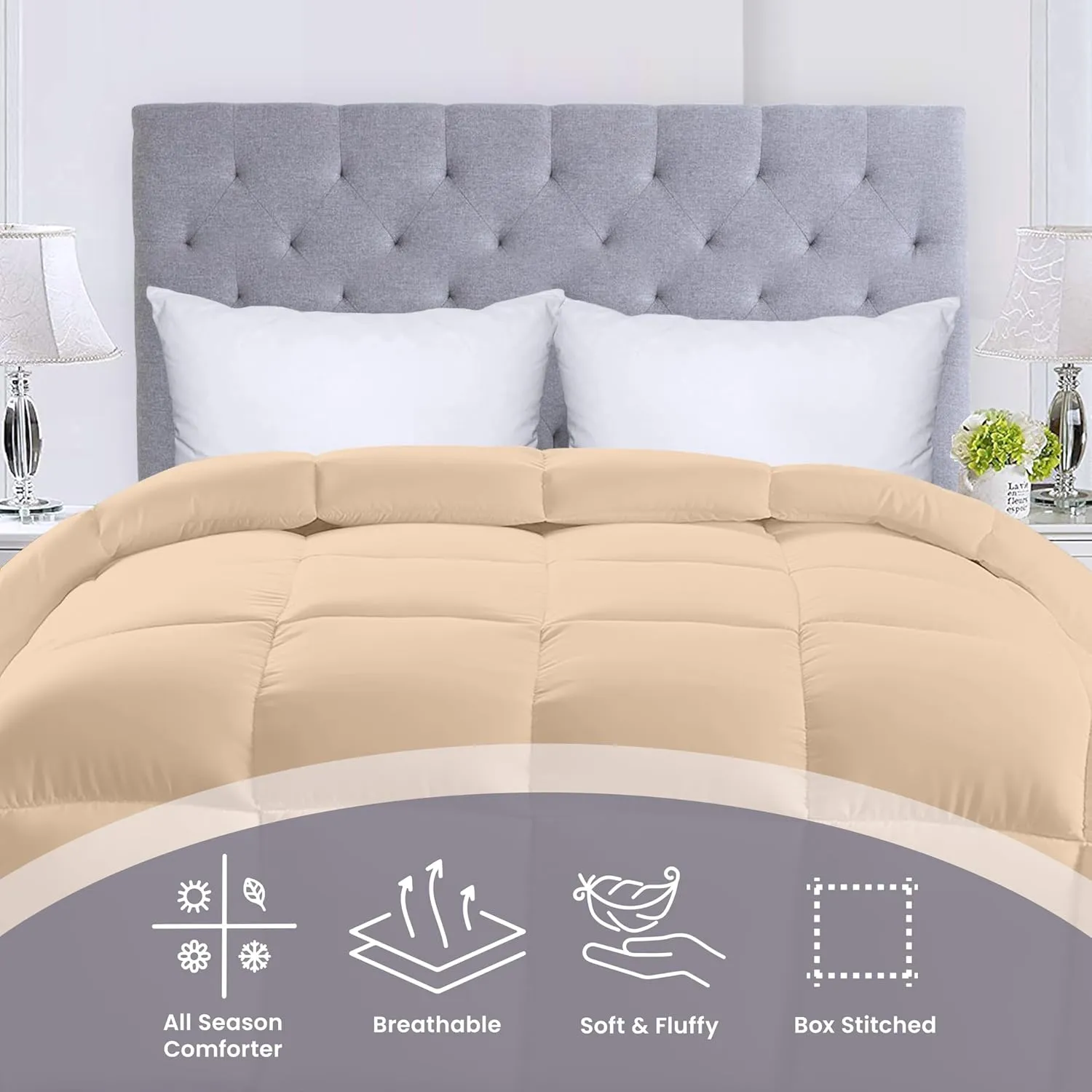 Utopia Bedding Comforters King Size, All Season Duvet Insert, Down Alternative Box Stitched Bed Comforter with Corner Tabs, Machine Washable (Beige)