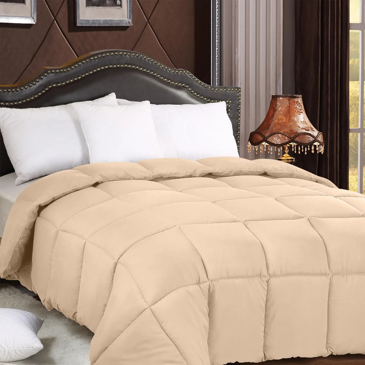 Utopia Bedding Comforters King Size, All Season Duvet Insert, Down Alternative Box Stitched Bed Comforter with Corner Tabs, Machine Washable (Beige)