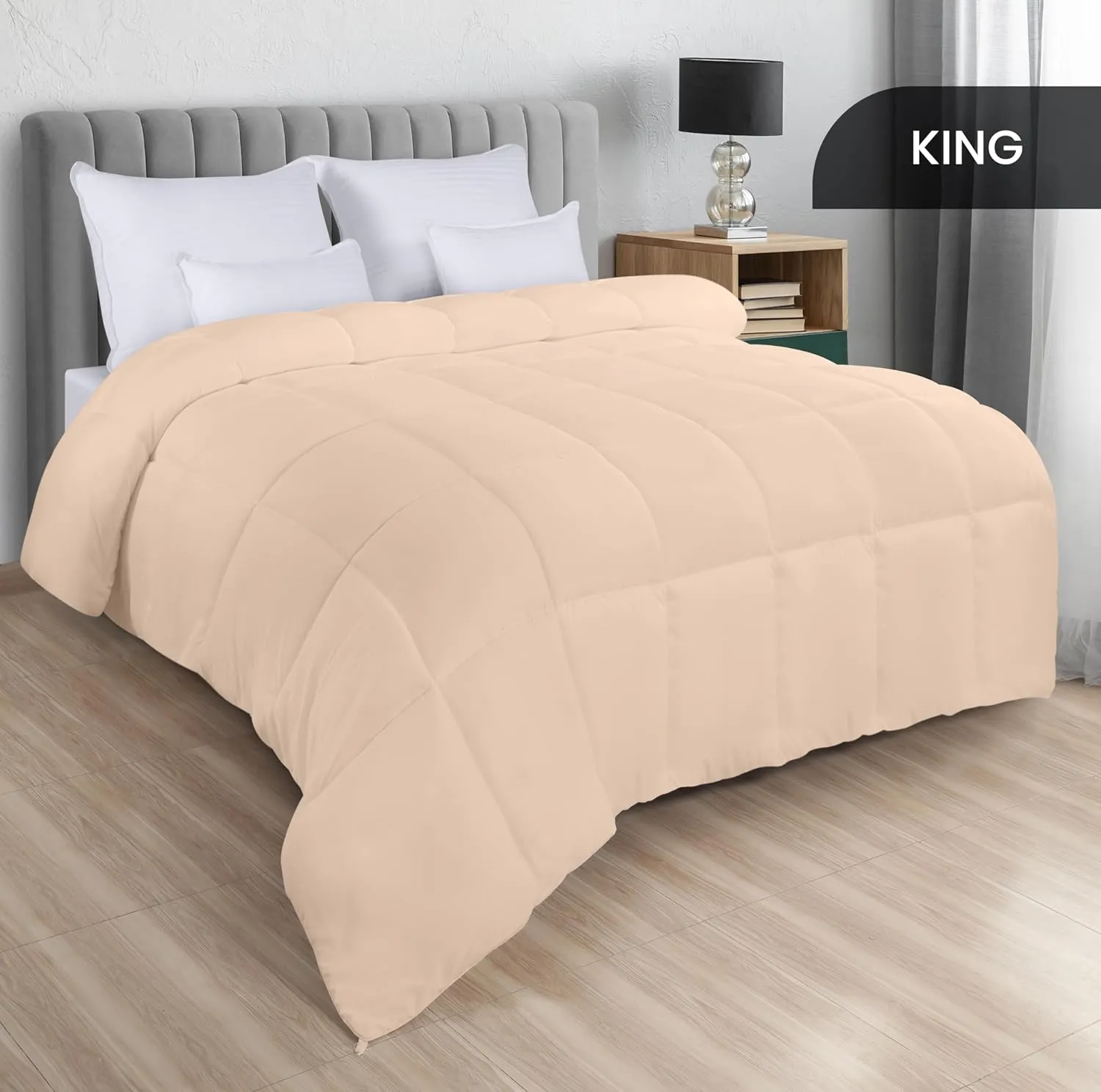 Utopia Bedding Comforters King Size, All Season Duvet Insert, Down Alternative Box Stitched Bed Comforter with Corner Tabs, Machine Washable (Beige)